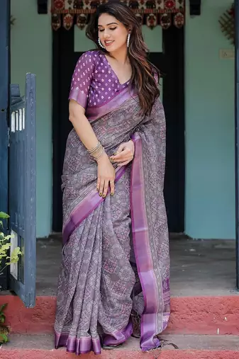 Purple floral printed zari  linen saree