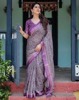 Purple floral printed zari  linen saree 5