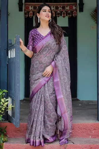Purple floral printed zari  linen saree