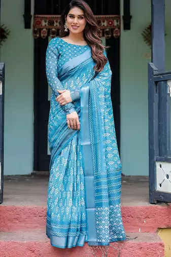 Blue women floral zari  linen saree