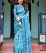 Blue women floral zari  linen saree