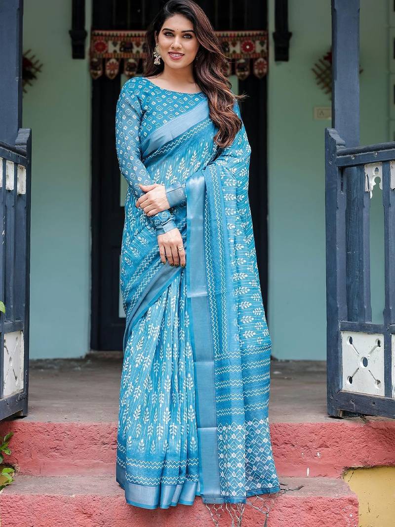 Blue women floral zari  linen saree