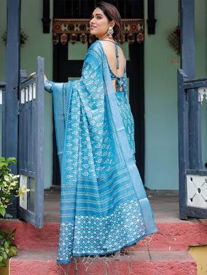 Blue women floral zari  linen saree 2