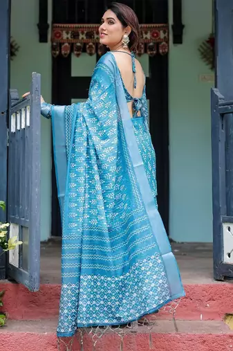 Blue women floral zari  linen saree