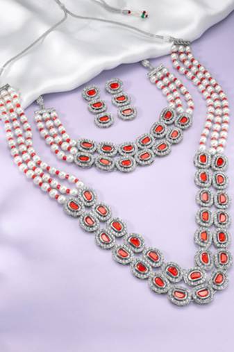 Women's crystal cz & beads studded short & long necklace earrings