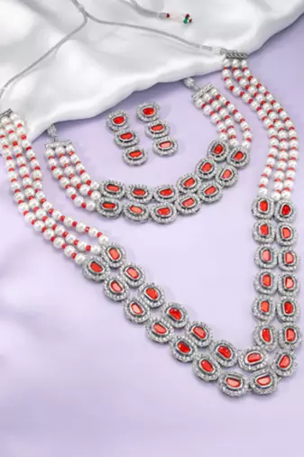 Women's crystal cz & beads studded short & long necklace earrings