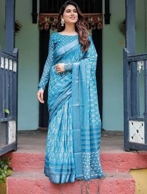 Blue women floral zari  linen saree 3