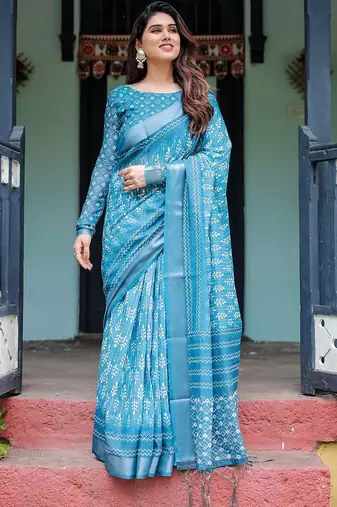 Blue women floral zari  linen saree