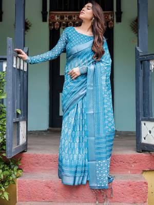 Blue women floral zari  linen saree 4