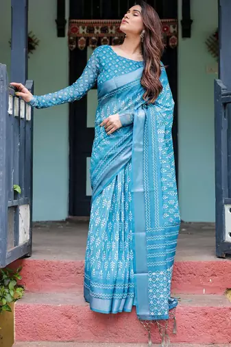 Blue women floral zari  linen saree