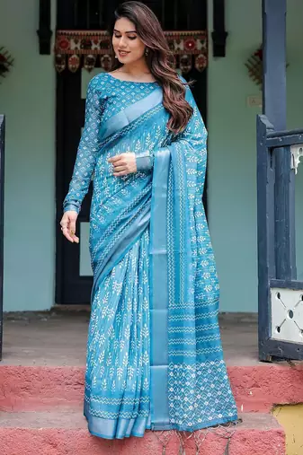 Blue women floral zari  linen saree