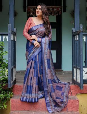 Purple floral printed  linen saree 1