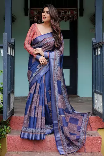 Purple floral printed  linen saree