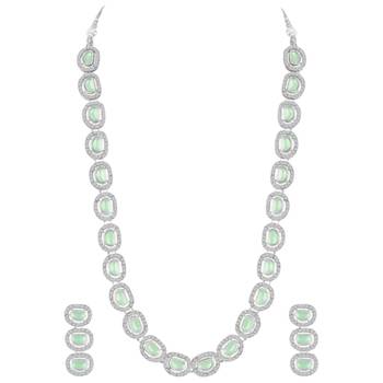 Cubic zirconia & mint crystal studded long necklace earrings 1