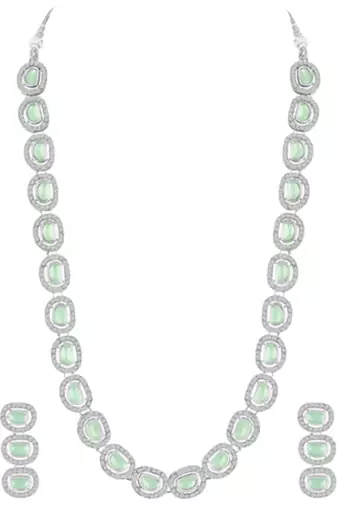 Cubic zirconia & mint crystal studded long necklace earrings