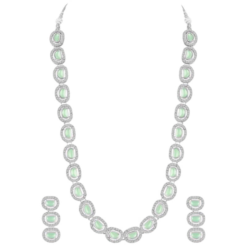 Cubic zirconia & mint crystal studded long necklace earrings
