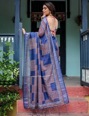 Purple floral printed  linen saree 2