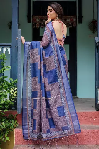 Purple floral printed  linen saree