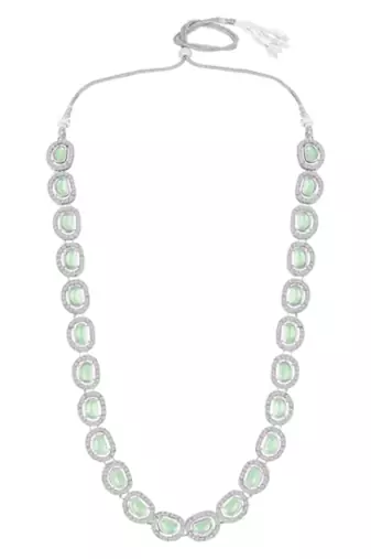 Cubic zirconia & mint crystal studded long necklace earrings