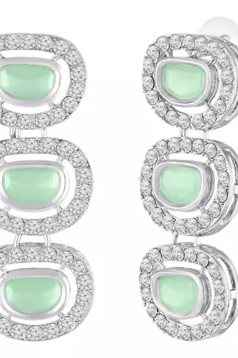 Cubic zirconia & mint crystal studded long necklace earrings