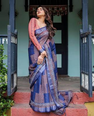 Purple floral printed  linen saree 3