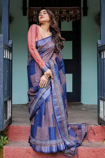 Purple floral printed  linen saree