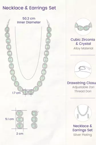 Cubic zirconia & mint crystal studded long necklace earrings