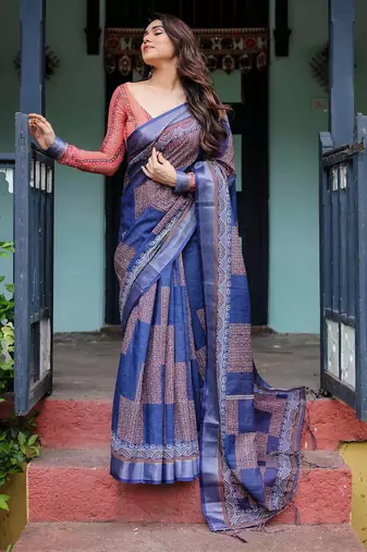 Purple floral printed  linen saree