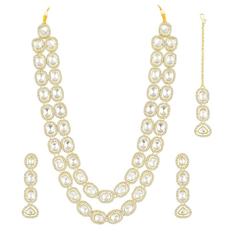 Cubic zirconia & crystal studded necklace earrings maangtikka jewelry