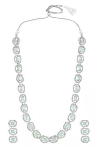 Cubic zirconia & mint crystal studded long necklace earrings
