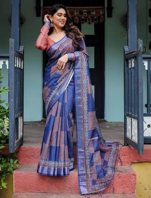 Purple floral printed  linen saree 5