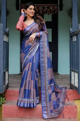 Purple floral printed  linen saree