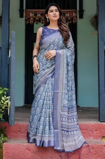 Blue floral printed zari  linen saree