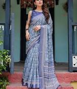 Blue floral printed zari  linen saree