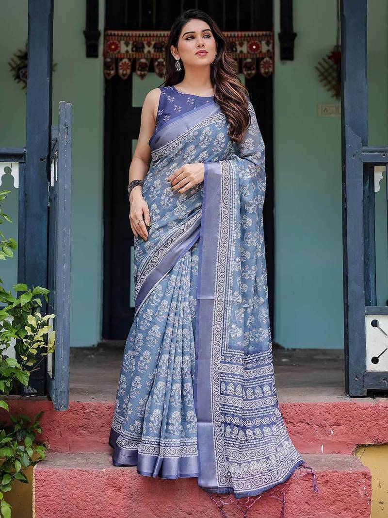 Blue floral printed zari  linen saree