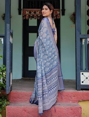 Blue floral printed zari  linen saree 2
