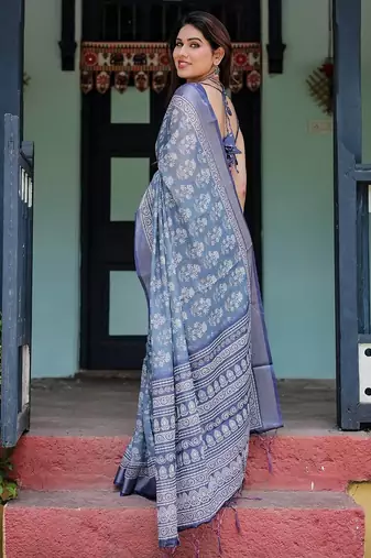 Blue floral printed zari  linen saree