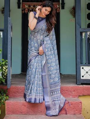 Blue floral printed zari  linen saree 3