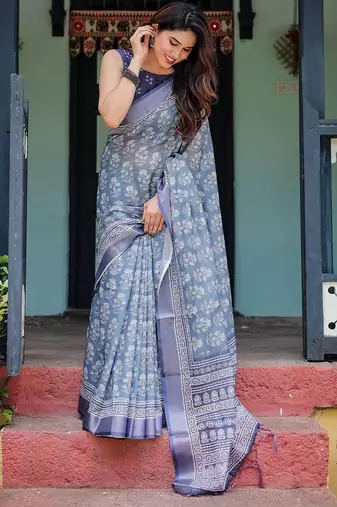 Blue floral printed zari  linen saree