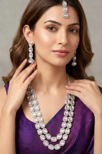 Rhodium white long necklace earrings maangtikka set for women crystal