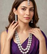 Rhodium white long necklace earrings maangtikka set for women crystal