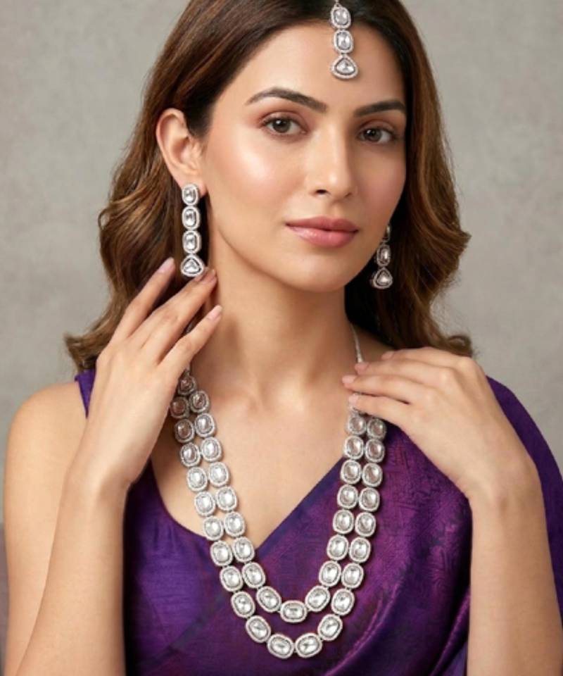 Rhodium white long necklace earrings maangtikka set for women crystal