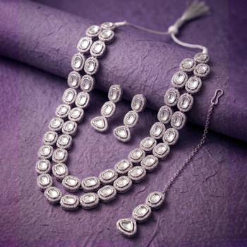 Rhodium white long necklace earrings maangtikka set for women crystal 2