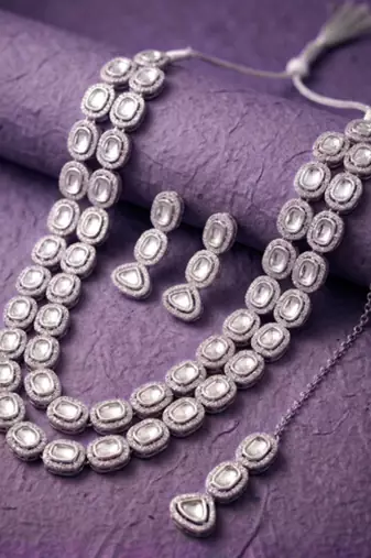 Rhodium white long necklace earrings maangtikka set for women crystal