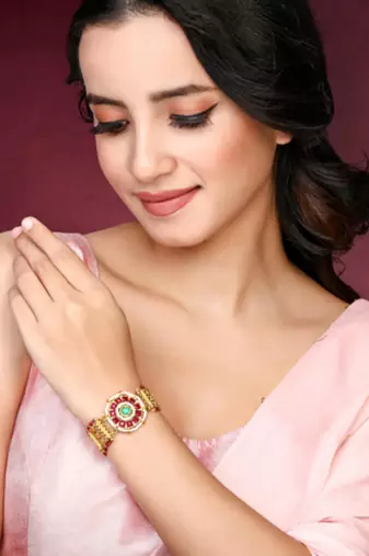 Rani pink green synthetic stone & beads studded openable bracelet ethnic jewellery gift for women