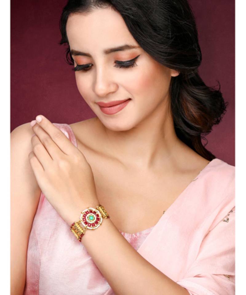 Rani pink green synthetic stone & beads studded openable bracelet ethnic jewellery gift for women