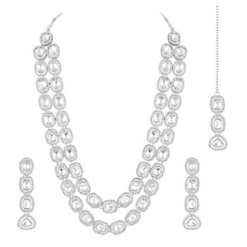 Rhodium white long necklace earrings maangtikka set for women crystal 3