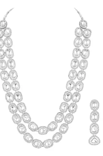 Rhodium white long necklace earrings maangtikka set for women crystal