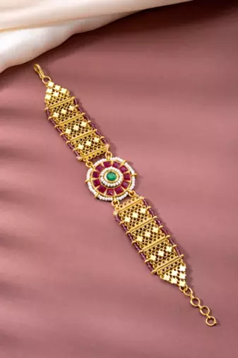 Rani pink green synthetic stone & beads studded openable bracelet ethnic jewellery gift for women