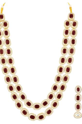 Cubic zirconia & maroon crystal studded necklace earrings maangtikka